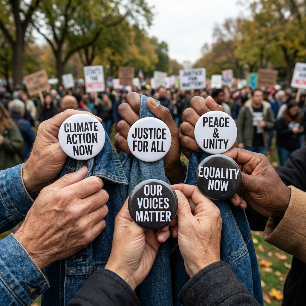 3 inch protest and rally cutouts held up at demonstration