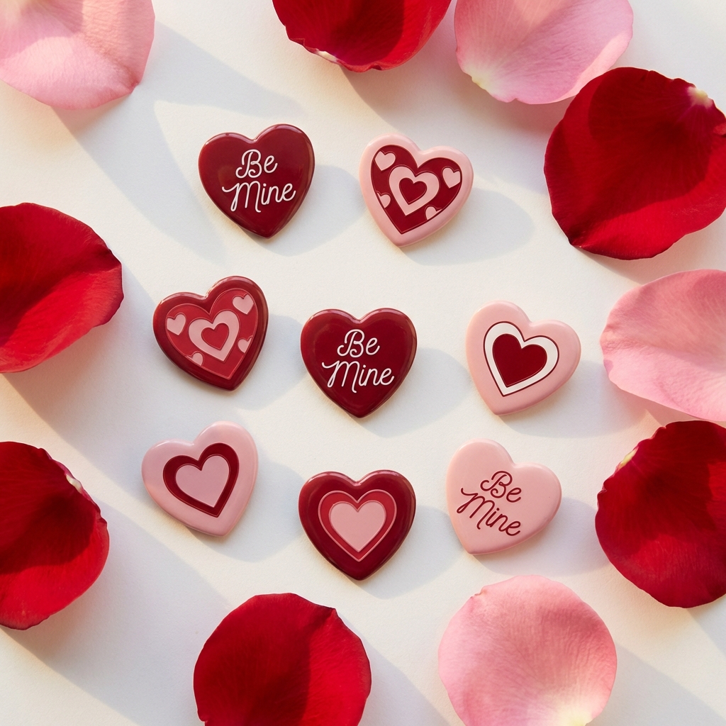 Red and pink Be Mine heart cutouts with rose petals